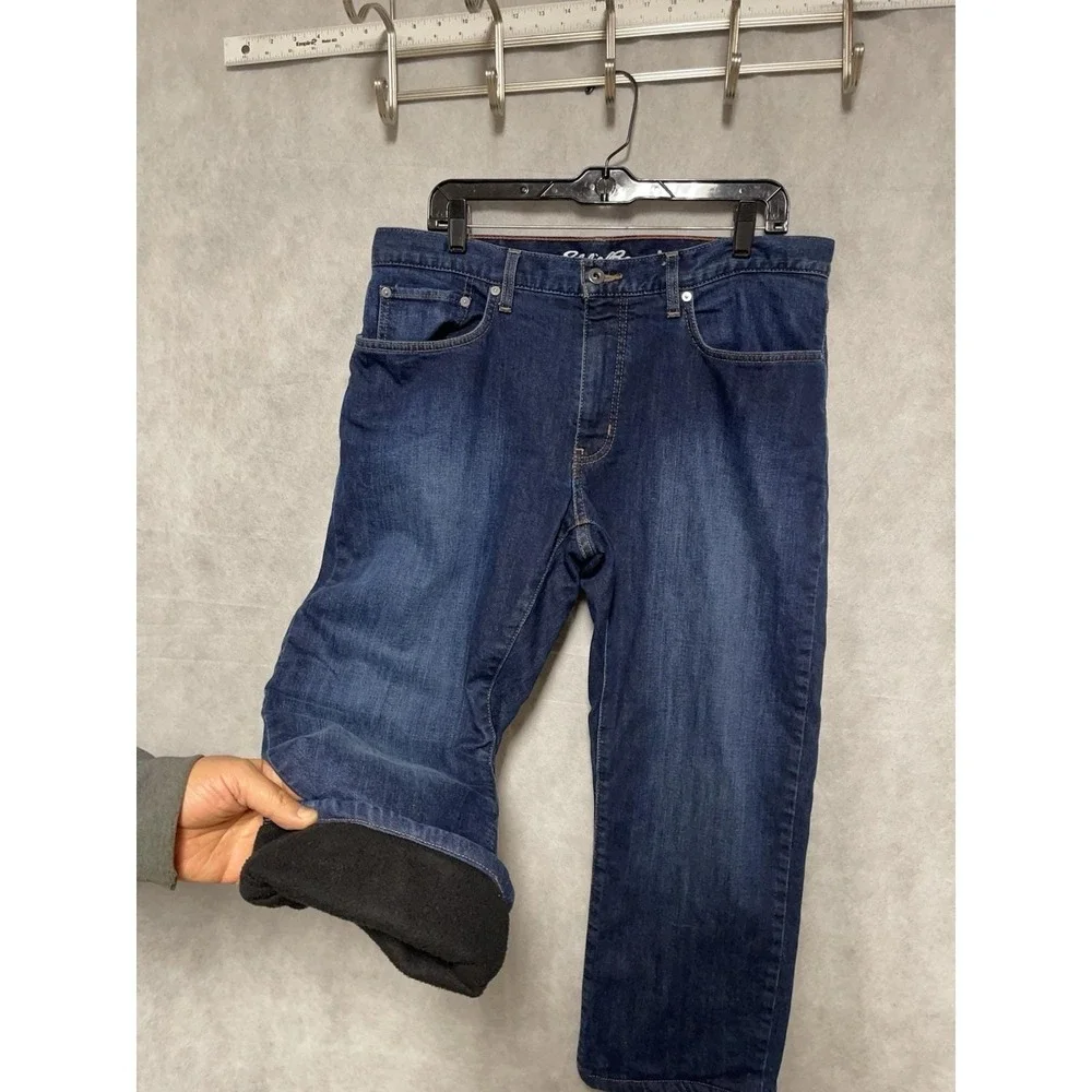 Eddie Bauer Jeans Men 35x26 Blue Dark‎ Straight Fleece Lined Denim Work Outdoor